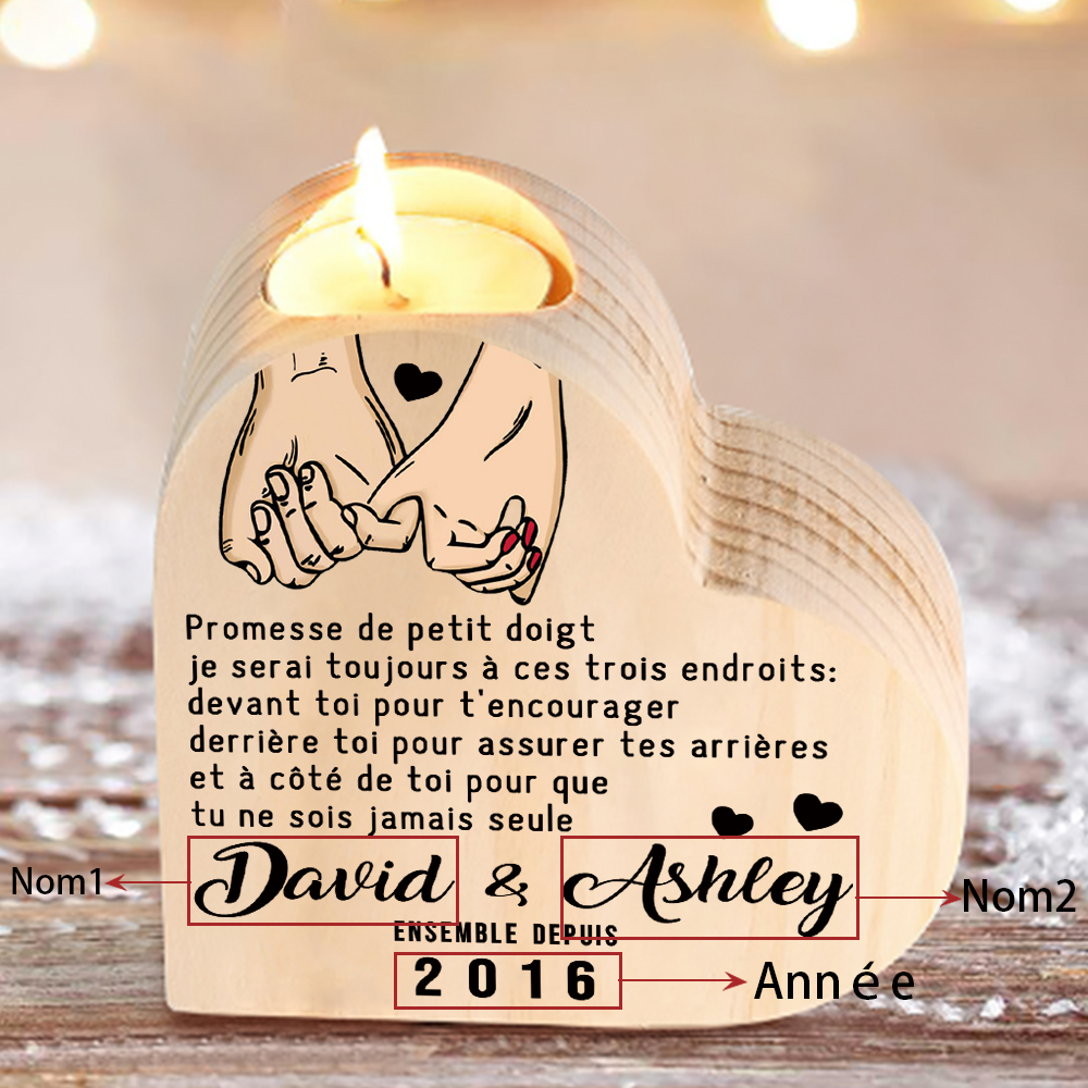 Bougeoir en Bois Pour Couple 2 Prénoms Personnalisés avec Texte sans bougie | Jessemade