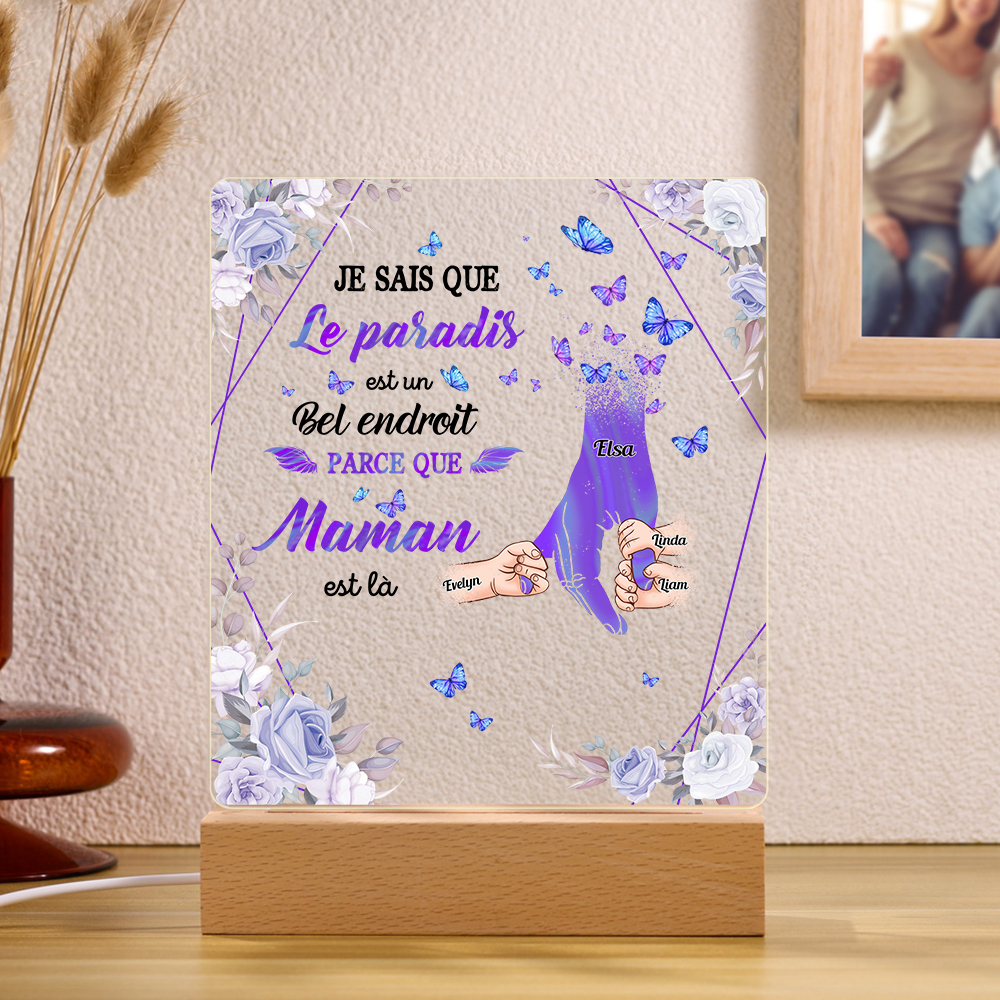 À Maman/Papa - Lampe de chevet LED Commémorative 4 Prénoms Personnalisés avec 1 Texte Lampe de chevet la main dans la main