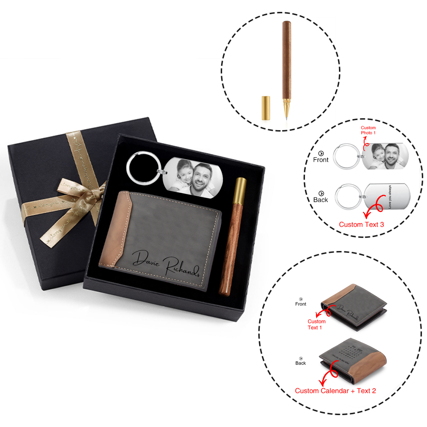 Coffret Cadeau 3PCS - Portefeuille classique Porte-Clés et Stylo 3 Textes Personnalisés avec 1 Photo et Date Coffret Cadeau pour Homme