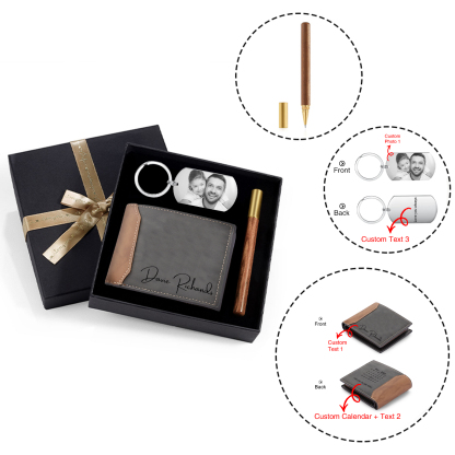 Coffret Cadeau 3PCS - Portefeuille classique Porte-Clés et Stylo 3 Textes Personnalisés avec 1 Photo et Date Coffret Cadeau pour Homme