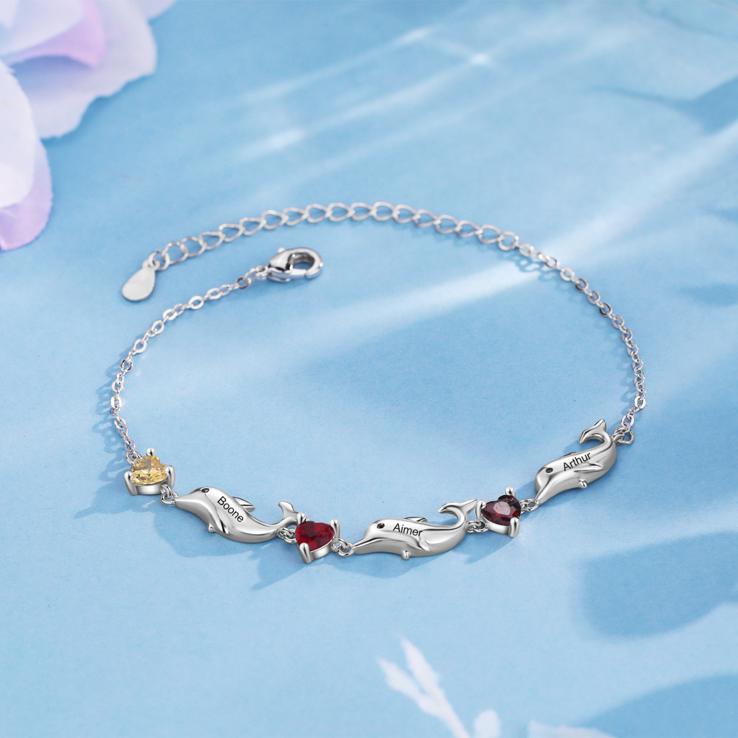 Bracelet dauphin 3 Prénoms Personnalisé avec 3 Pierres de Naissance