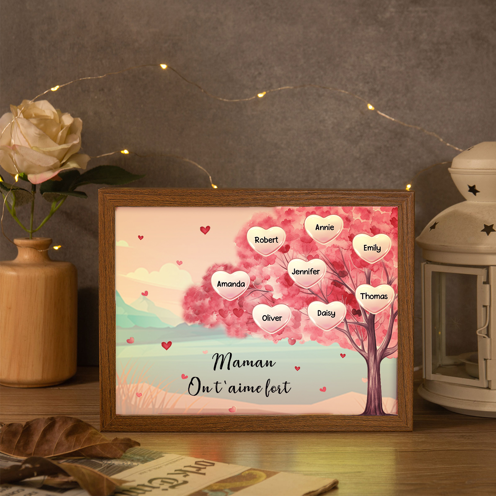 Cadre Photo LED Arbre 8 Prénoms Personnalisés avec 1 Texte Décoration Famille