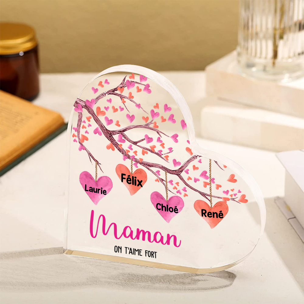 À ma Maman/Mamie - Plaque Acrylique en forme de Cœur Arbre 1-10 Prénoms Personnalisés avec 2 Textes