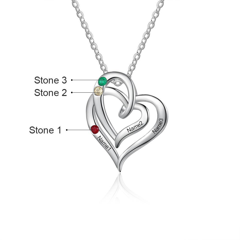 Collier Cœur 3 Prénoms Personnalisés avec 3 Pierres de Naissance Pendentif