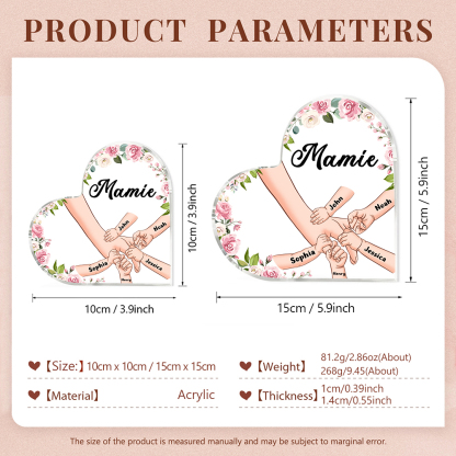 Plaque Acrylique en Forme de Cœur La Main Dans La Main 5 Prénoms Personnalisés avec Texte