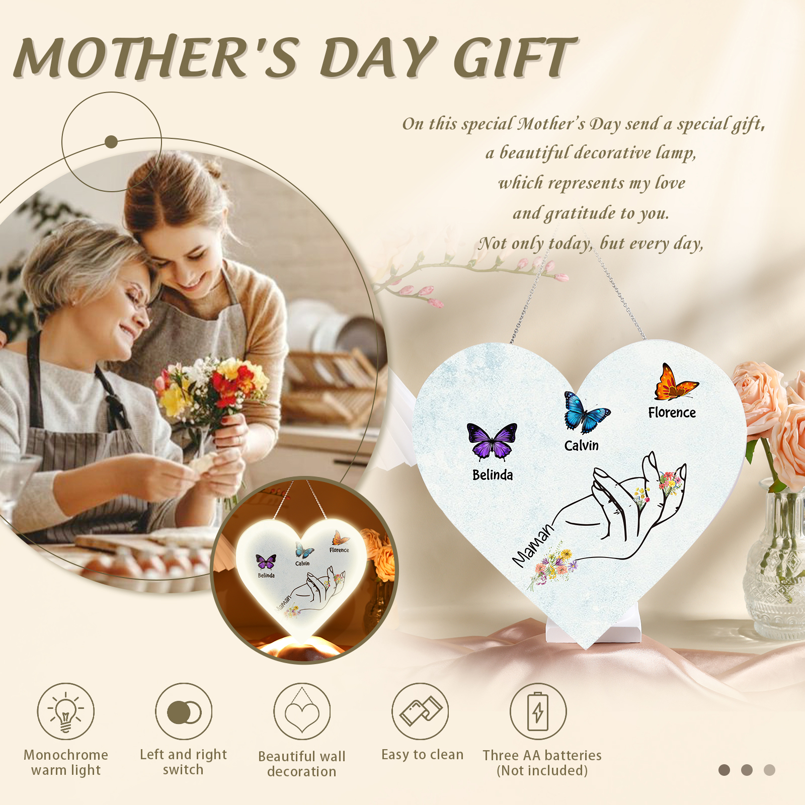 À Maman/Mamie - Veilleuse Cœur Décoration Main et Papillon 3 Prénoms Personnalisés avec 1 Texte