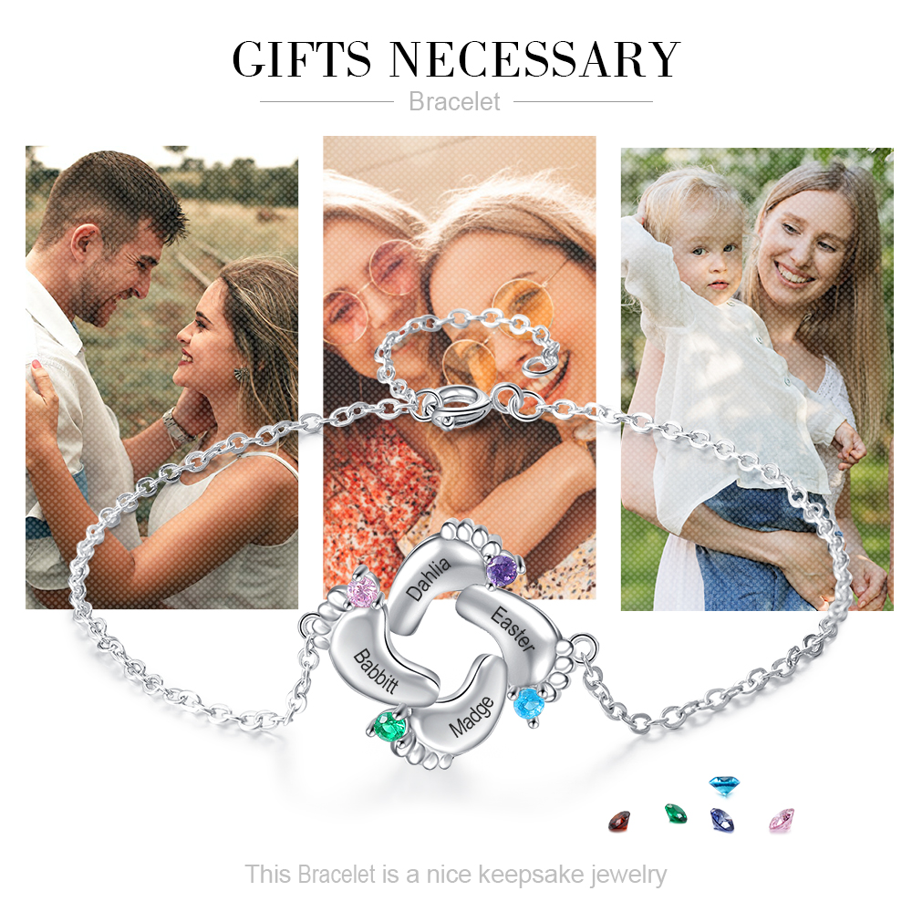 Bracelet 4 Prénom Personnalisé pied bebe avec 4 pierre de naissance