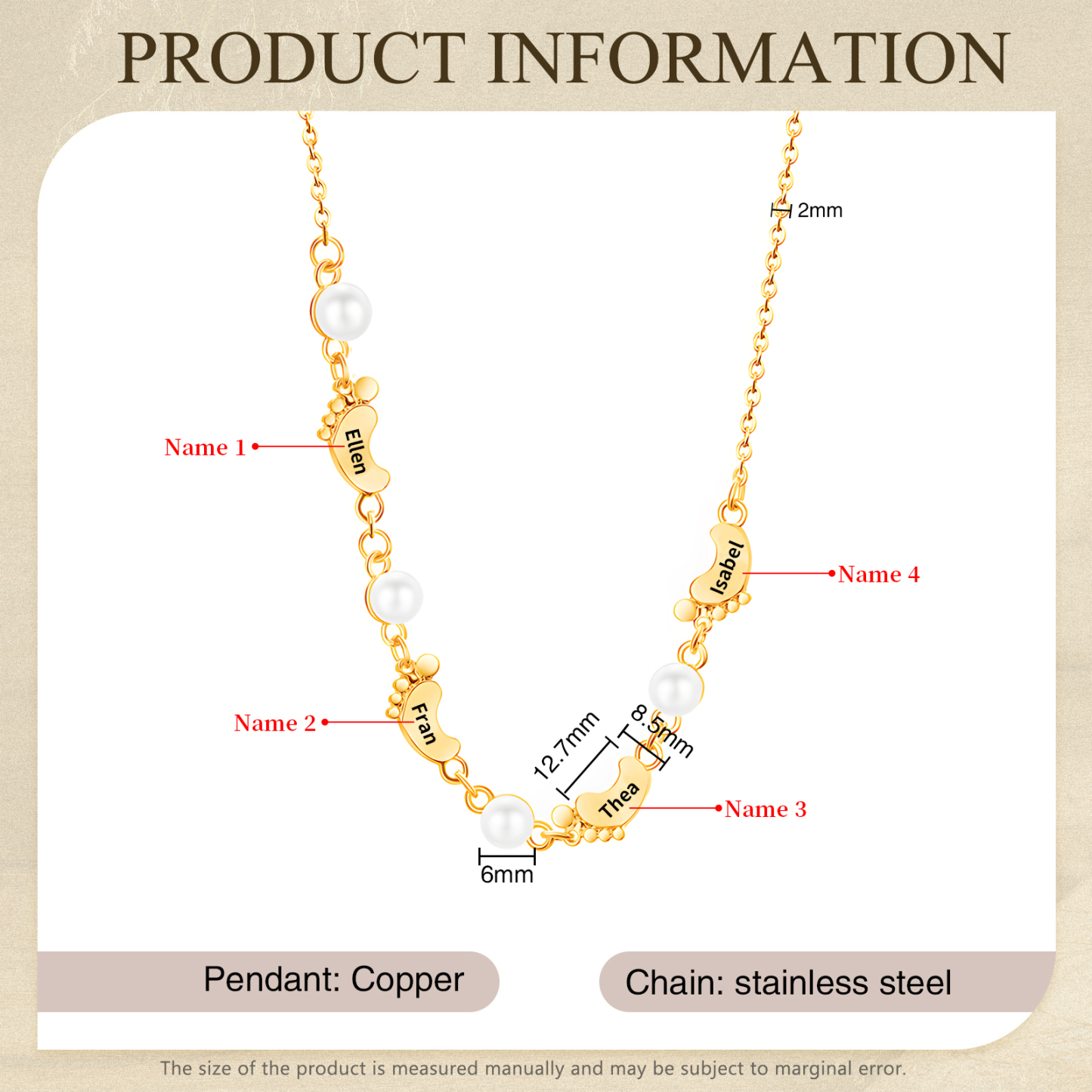 Collier Pieds Bébé et Perles 4 Prénoms Personnalisés Collier Femmes