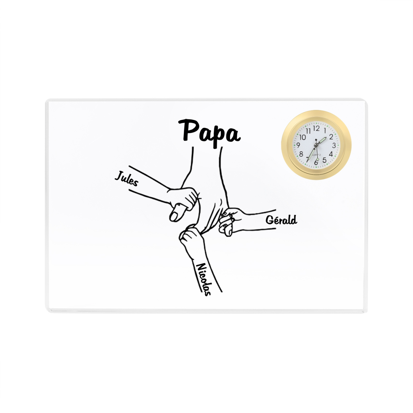À mon Papa - Plaque Acrylique rectangle avec Horloge la main dans la main 3 Prénoms Personnalisés