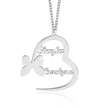 Collier Prénom Personnalisé Coeur et Papillon Couple 2 Prénoms