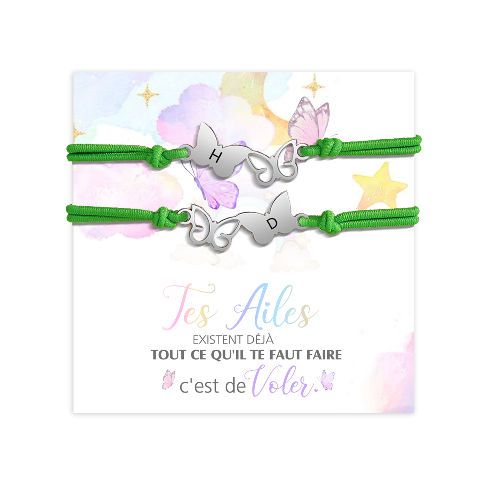 2PCS Ensemble de Bracelets Papillons 2 Lettres Personnalisées Corde élastiques - Cadeau Rentrée Scolaire