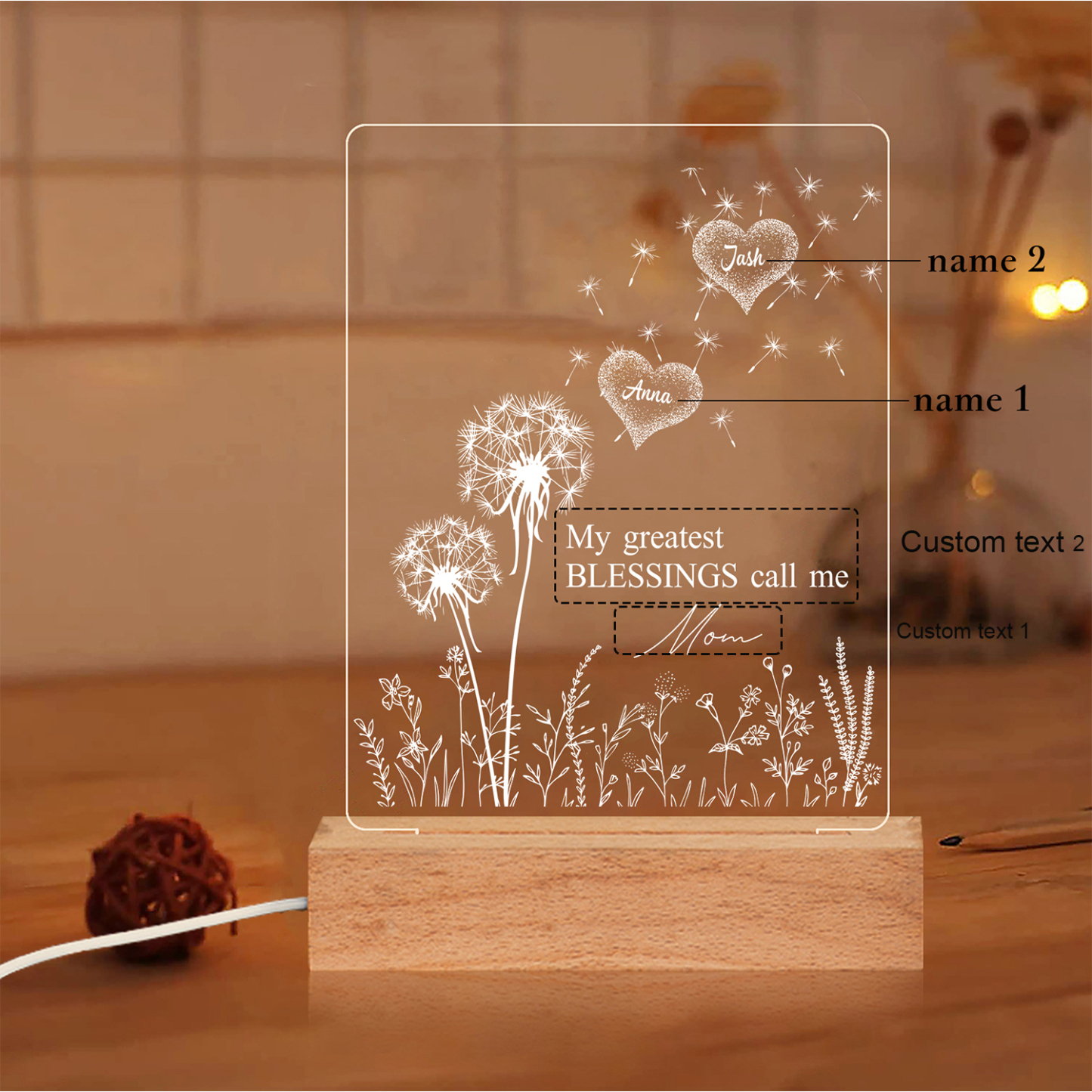 À Maman/Mamie - Lampe de chevet LED Pissenlit 2 Prénoms Personnalisés avec 2 Textes pour Famille