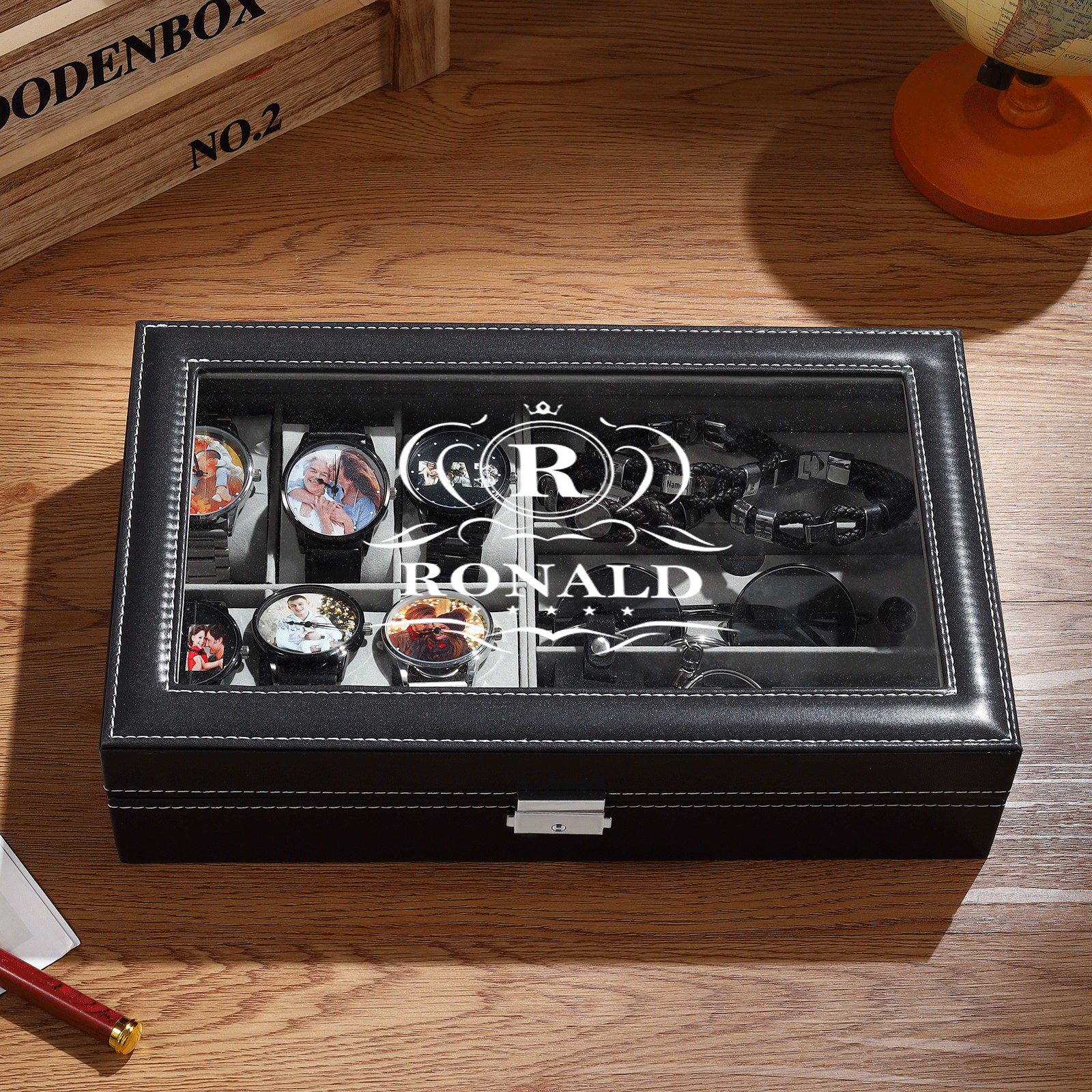 Boîte à Montre et Bijoux 1 Lettre et Texte Personnalisés Coffret Cadeau pour Hommes