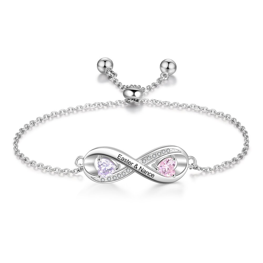 Bracelet à Breloque Infini Prénom Personnalisé avec 2 Pierre de Naissance