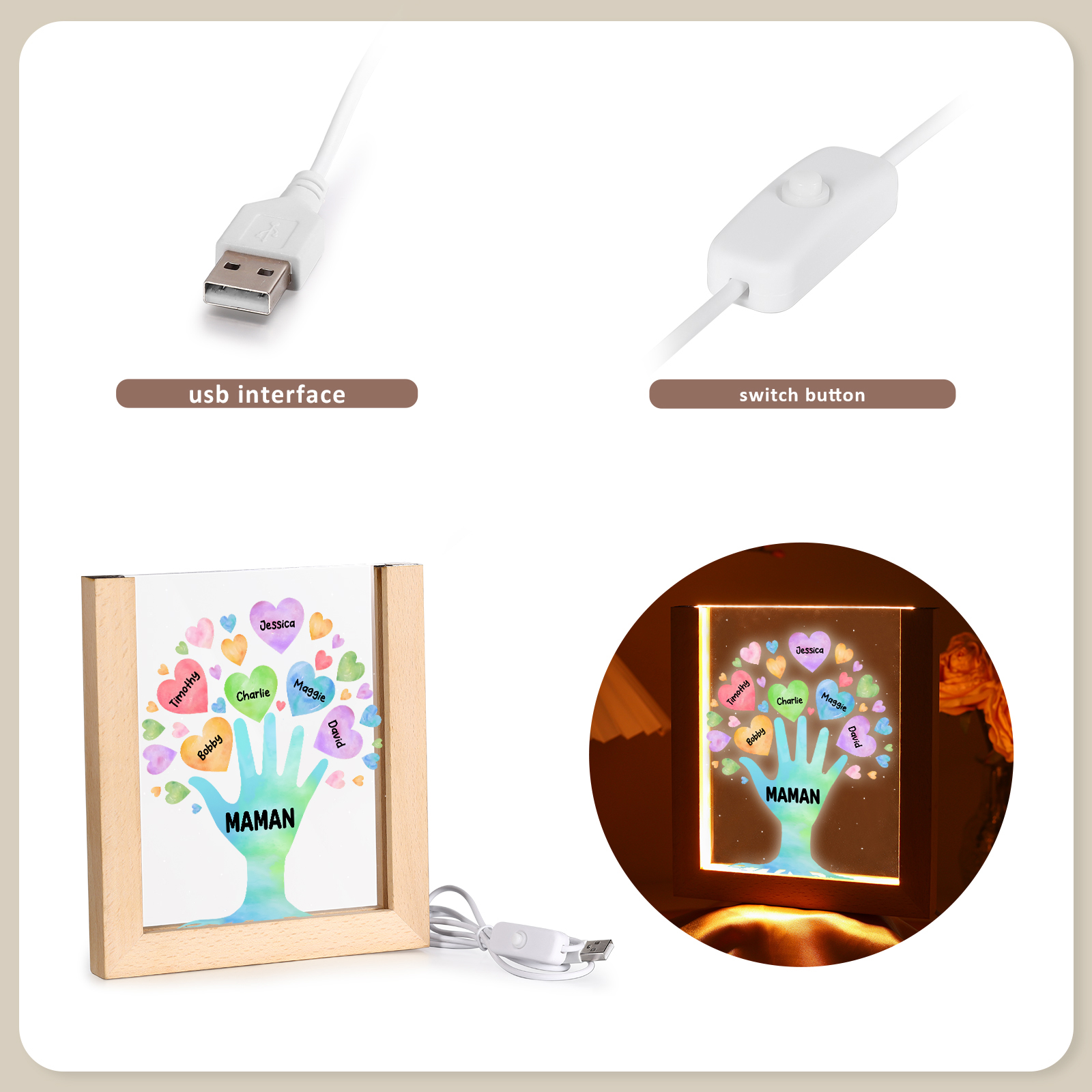 À Maman/Mamie - Lampe de chevet LED Main et Cœur 6 Prénoms Personnalisés avec 1 Texte
