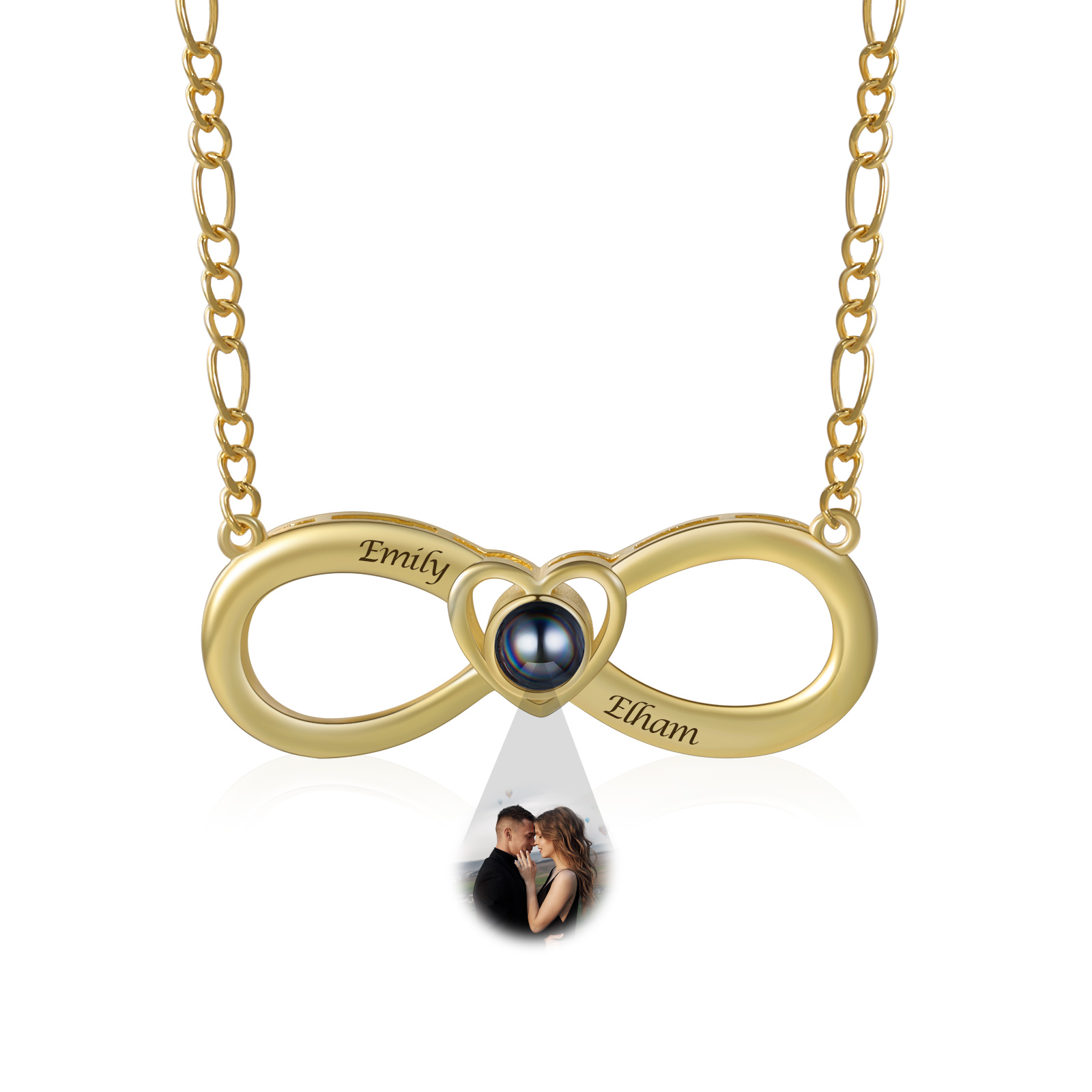 Collier Infini Projection de Pierres 2 Prénoms et 1 Photo Personnalisés pour Couple