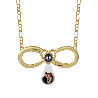 Collier Infini Projection de Pierres 2 Prénoms et 1 Photo Personnalisés pour Couple