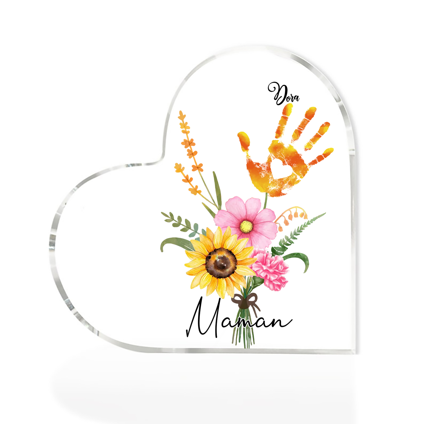 À ma Maman - Plaque Acrylique en Forme de Cœur fleurs 1 Prénom Personnalisé