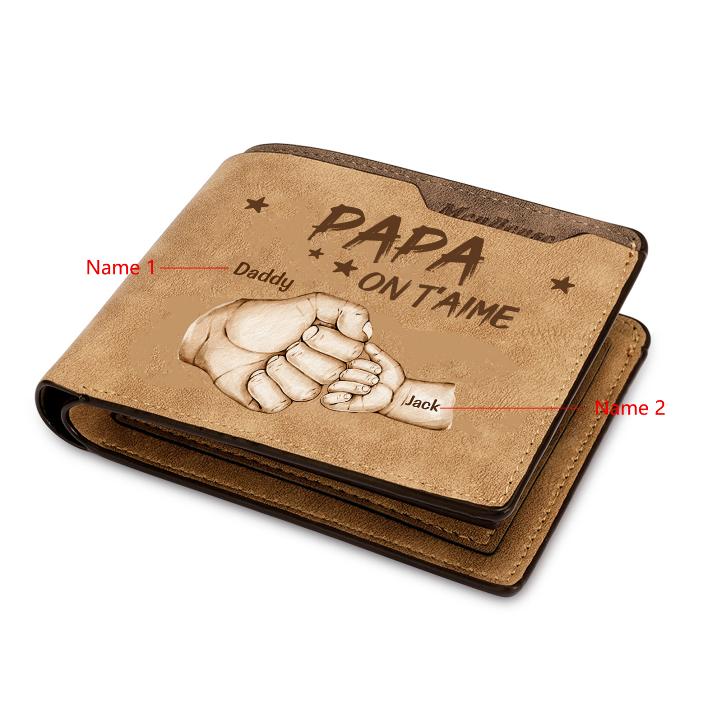 À mon Papa-Portefeuille Poings 2 Prénoms Personnalisés Classique Homme