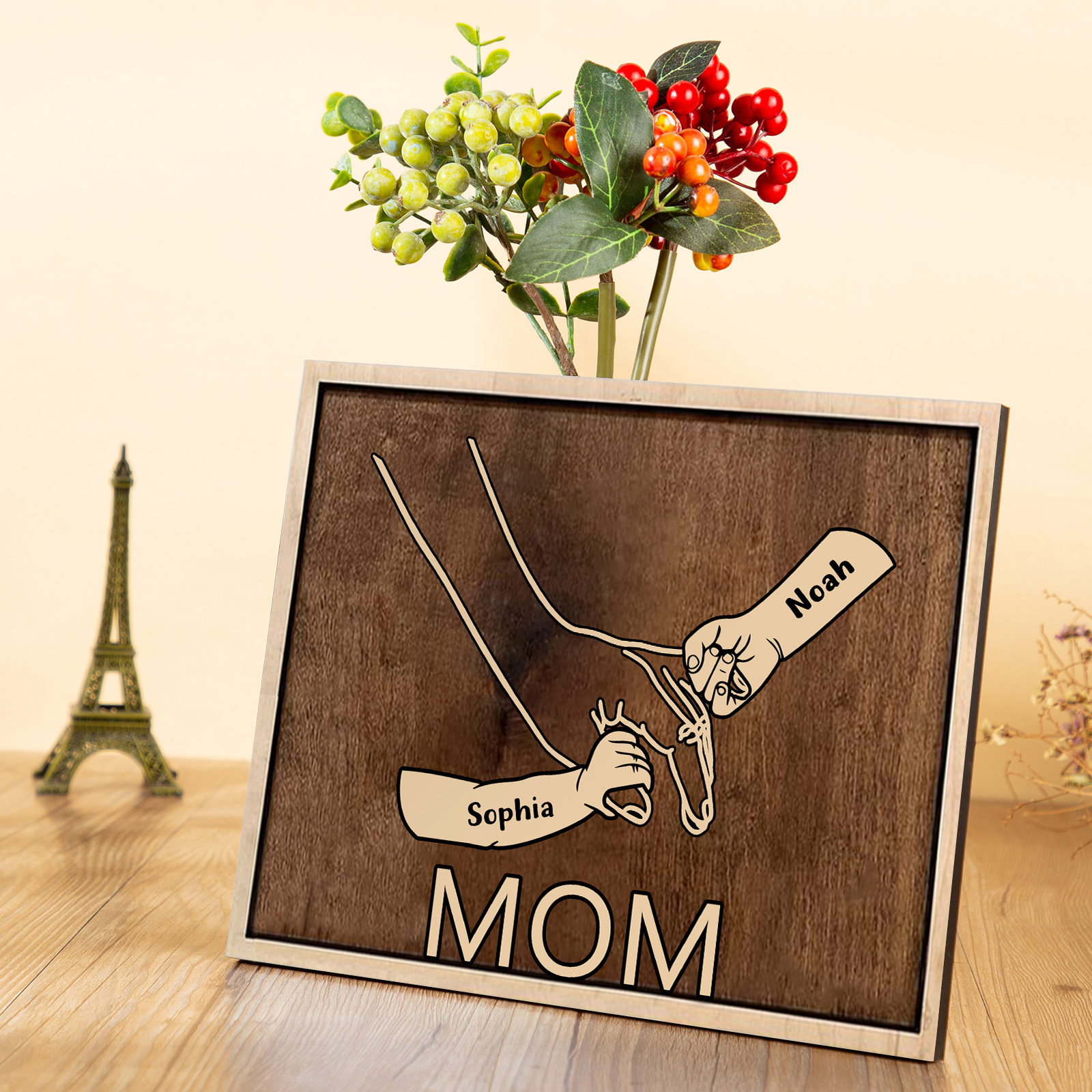 À Papi/Mamie- Cadre en Bois la Main dans la Main 2 Prénoms Personnalisés avec Texte Cadeau pour Famille | Jessemade