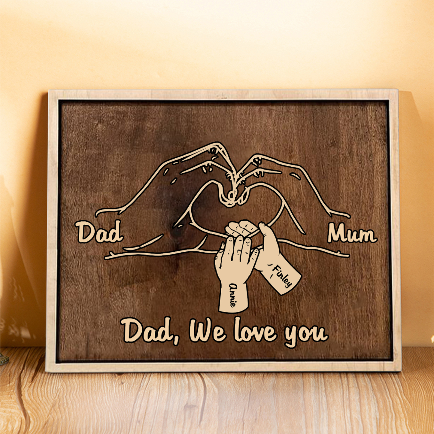 À Papi/Mamie- Cadre en Bois la Main dans la Main 4 Prénoms Personnalisés avec Texte Cadeau pour Famille