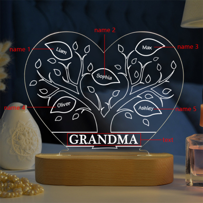 À Maman/Mamie - Lampe de chevet LED Arbre 5 Prénoms Personnalisés avec 1 Texte