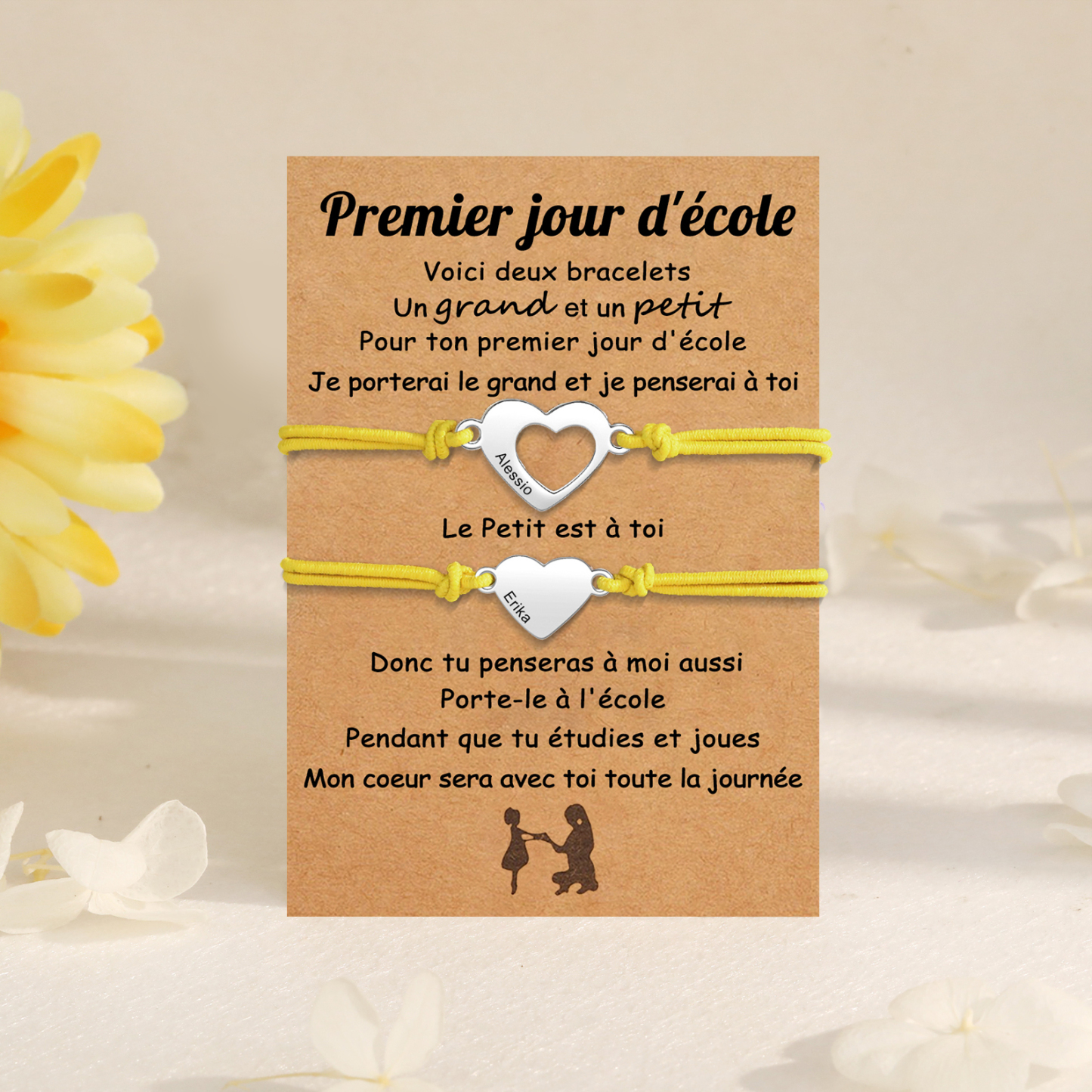 2PCS Bracelets Cœur 2 Prénoms Personnalisés Bracelet en Commun corde élastiques Cadeau Rentrée Scolaire Premier jour d’école|Jessemade