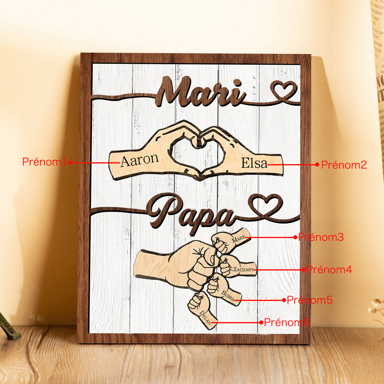 À mon Papa/Mari-Cadre en Bois Mains et Poings 6 Prénoms Personnalisés