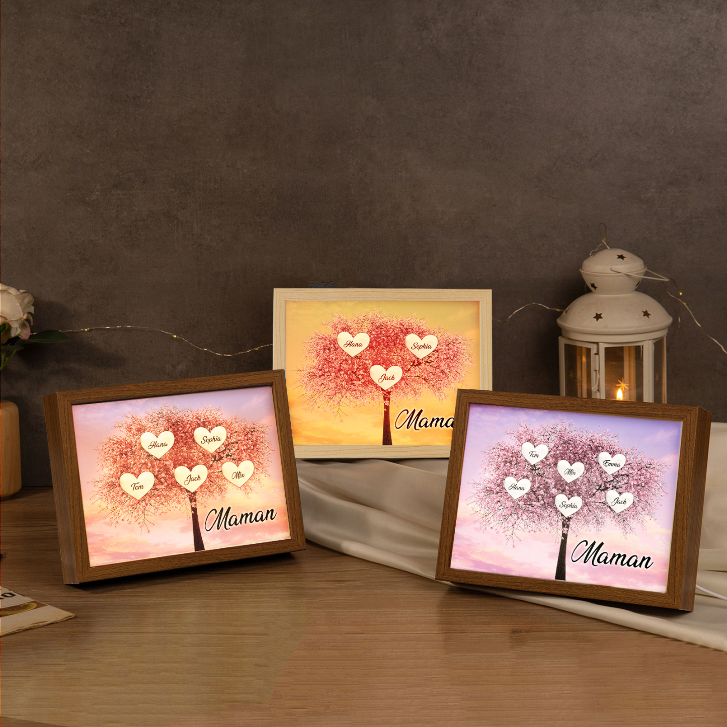 Cadre Photo LED Arbre de Vie 5 Prénoms et 1 Texte Personnalisé Décoration Famille