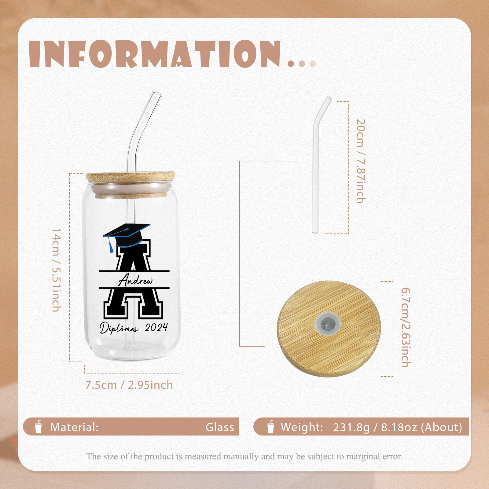 Tasse en Verre avec Paille Prénom et Lettre Personnalisés avec Texte Cadeau de remise des Diplômes
