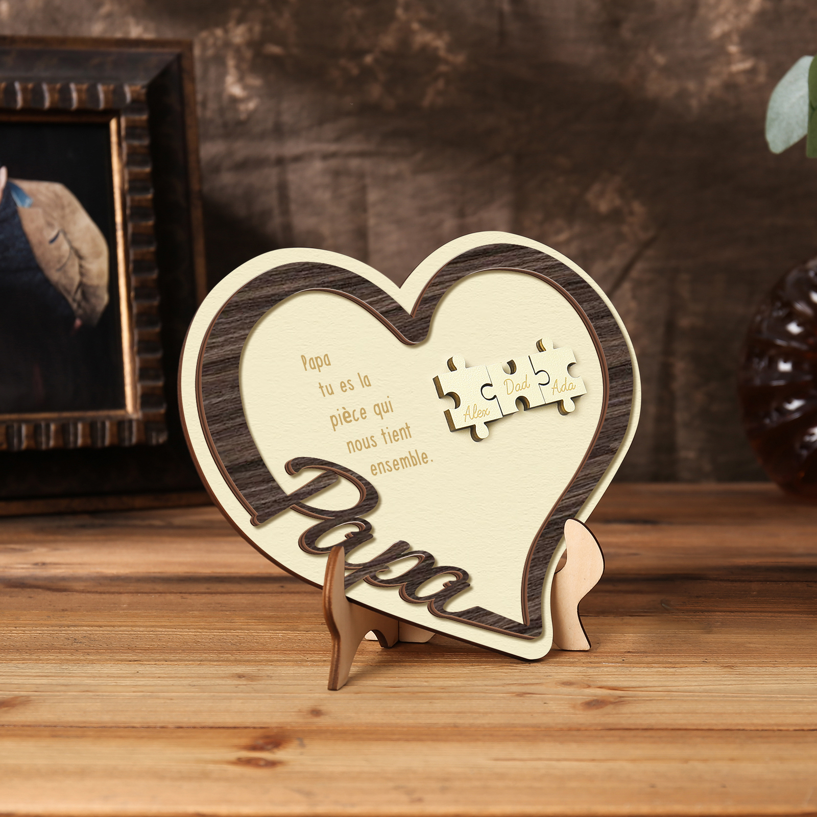 À mon Papa - Décoration en bois Cœur Puzzle 3 Prénoms Personnalisés Ornement pour Famille