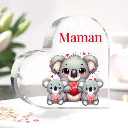 À ma Maman/Mamie - Plaque Acrylique en Forme de Cœur Koala 2 Prénoms Personnalisés avec 1 Texte