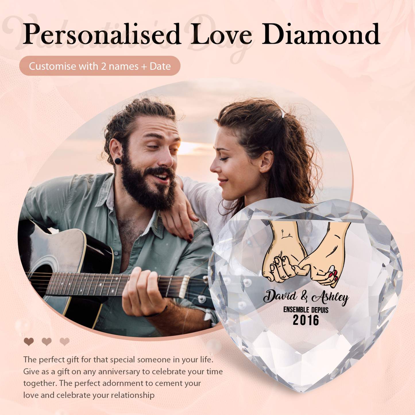 Décoration Cristal Cœur 2 Prénoms Personnalisés avec Année pour Couple