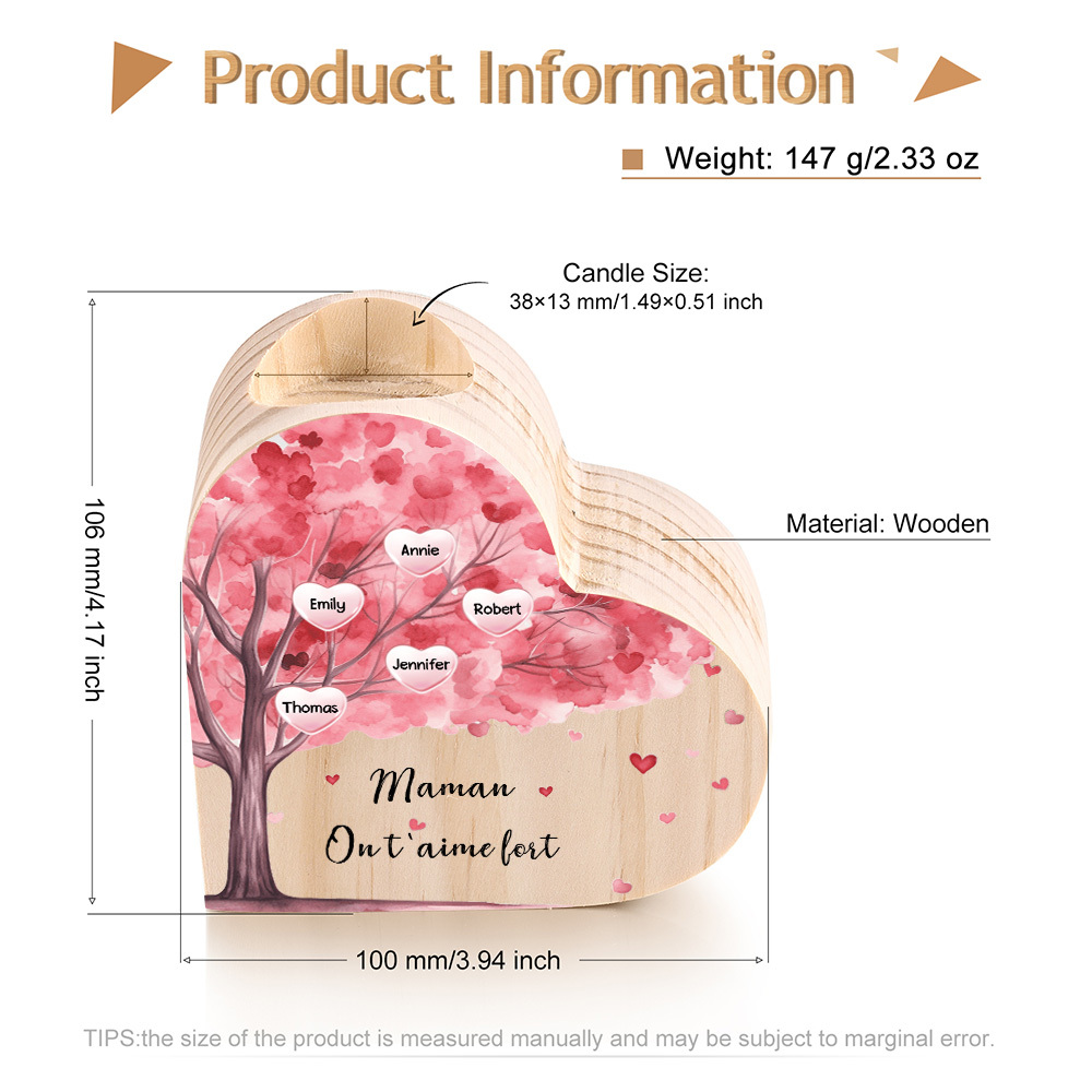 À Ma Maman/Mamie - Bougeoir en Bois Arbre 5 Prénoms et 1 Texte Personnalisés pour Famille sans bougie