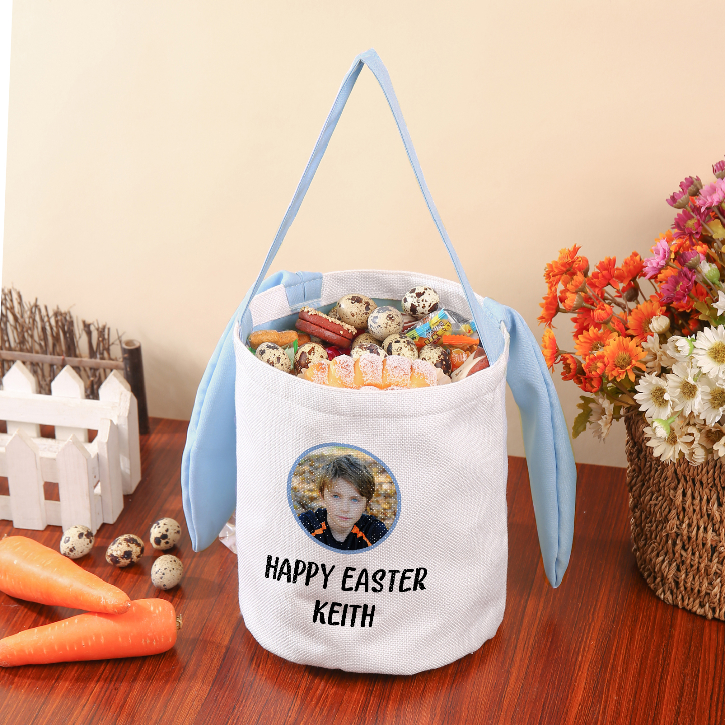 Sac de Pâques Lapin 1 Prénom et Photo Personnalisés avec Texte Tote Bag Enfant
