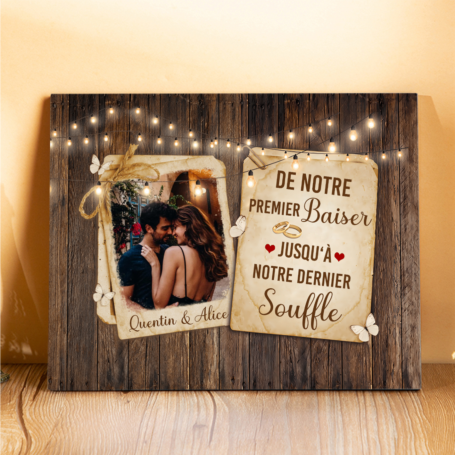 Cadre en Bois 2 Prénoms Personnalisés avec Photo pour Couple Cadeau Saint Valentin