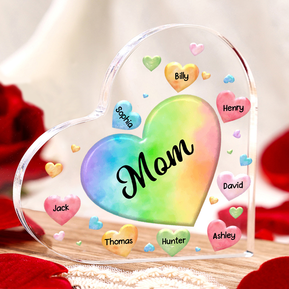 À ma Maman/Mamie - Plaque Acrylique en Forme de Cœur 8 Prénoms Personnalisés avec 1 Texte