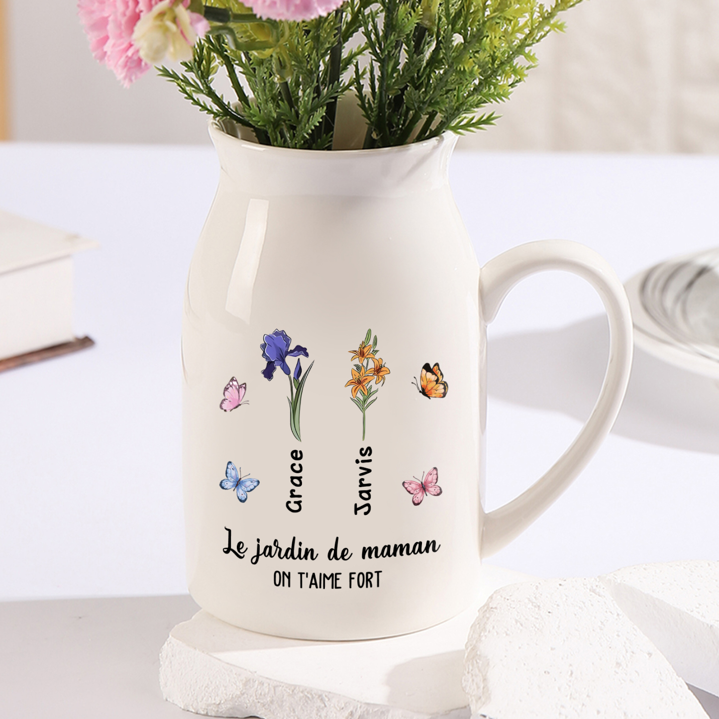 Vase à Fleurs Papillon 2 Prénoms et Fleurs de Naissance Personnalisés avec 2 Textes Décoration de la Maison | Jessemade