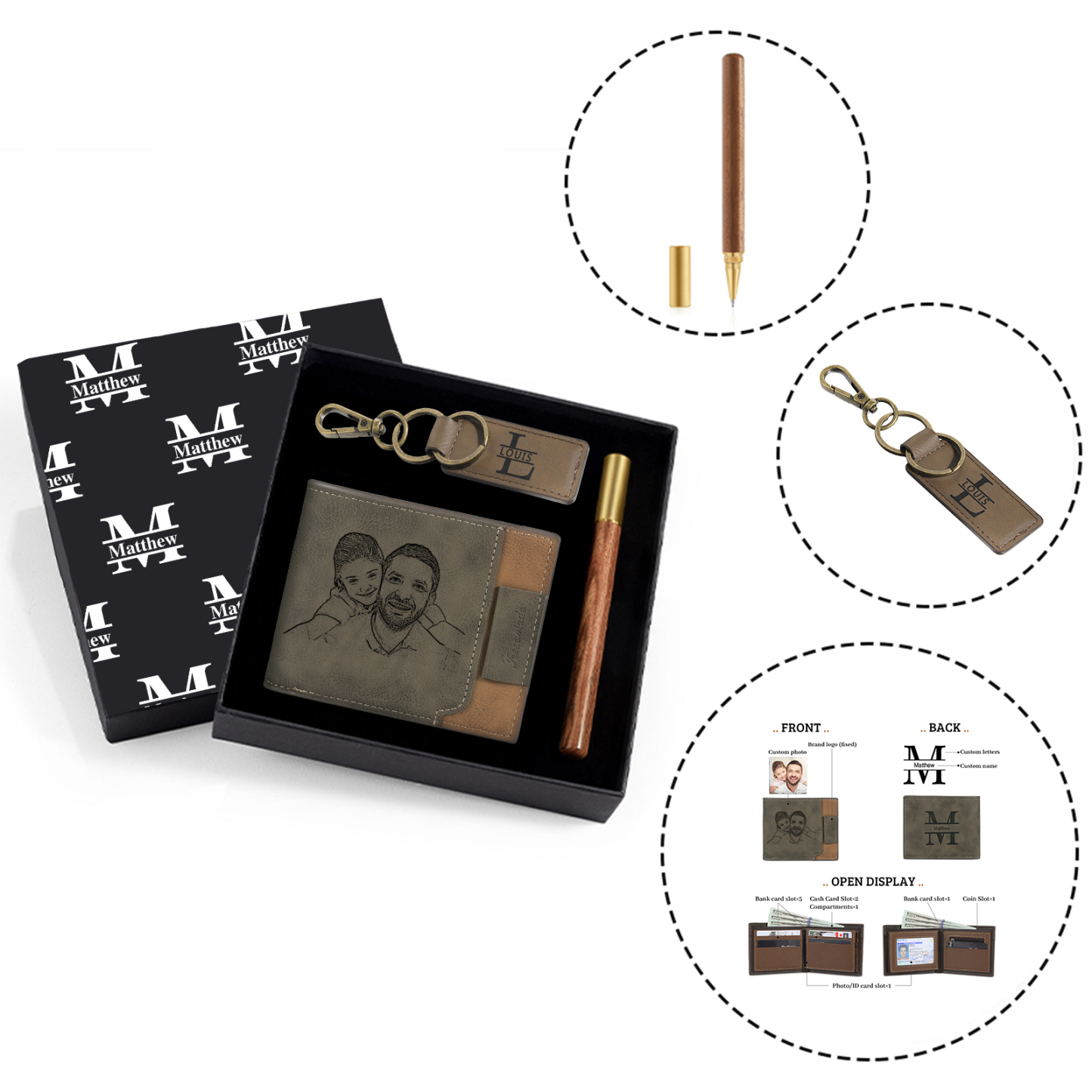 Coffret Cadeau 3PCS - Portefeuille classique Porte-Clés et Stylo 3 Prénoms et 3 Lettres Personnalisés avec 1 Photo Coffret Cadeau pour Homme