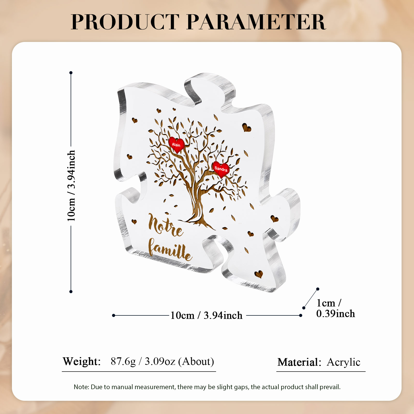 Plaque Acrylique en forme de Puzzle Arbre de Vie 2 Prénoms et Texte Personnalisés