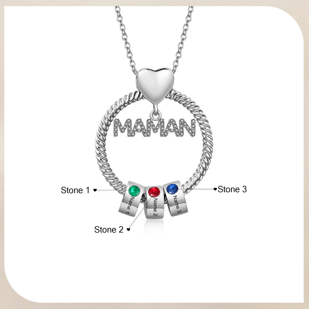 À ma Maman - Collier Pendentif 3 Prénoms Personnalisés avec Pierre de naissance | Jessemade