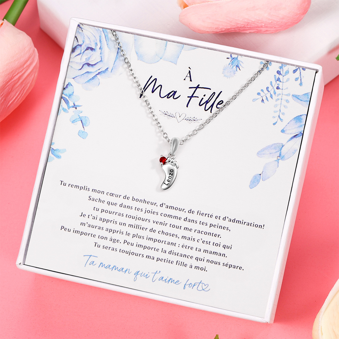 A ma fille - Collier Prénom Personnalisé pied bebe avec pierre de naissance