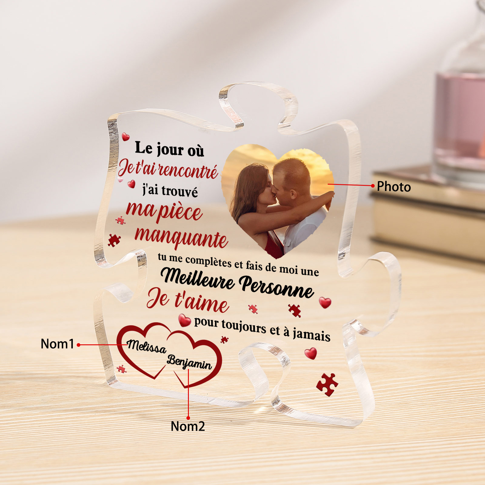 Plaque Acrylique en forme de Puzzle 2 Prénoms Personnalisés avec Photo pour Couple