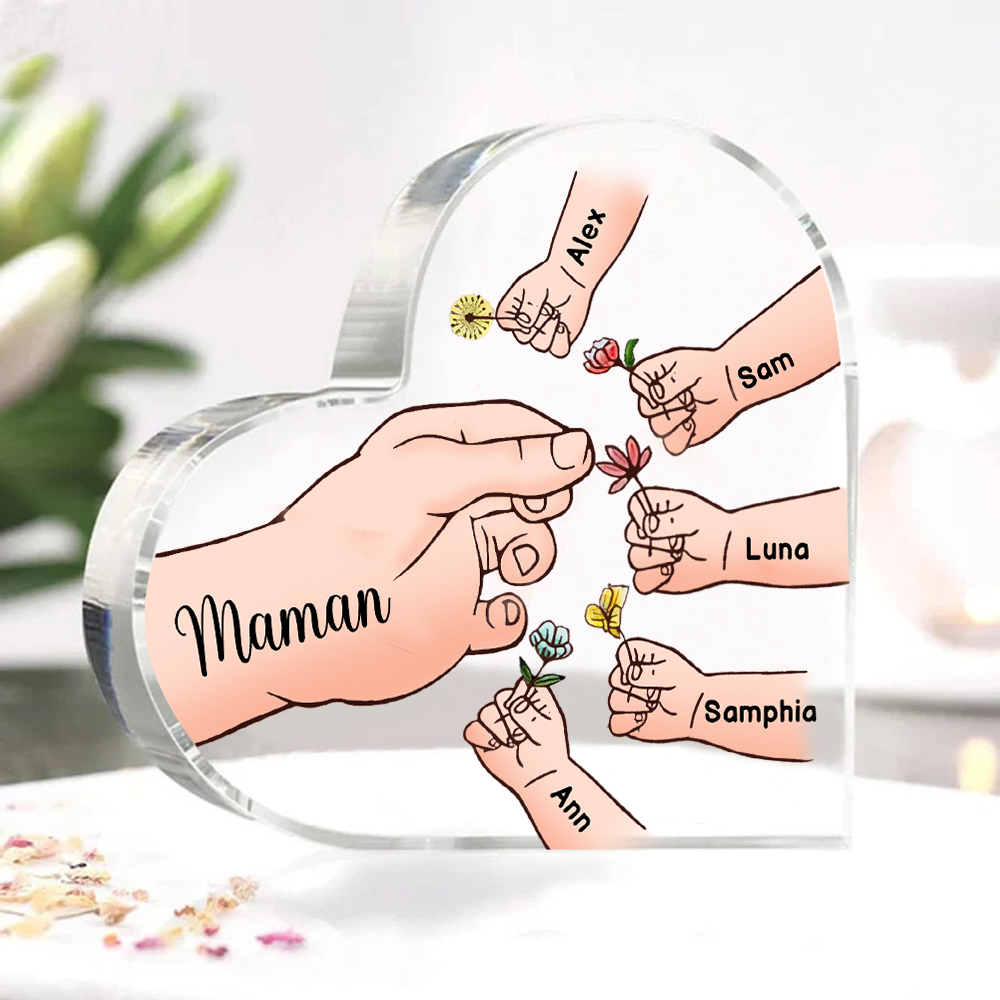 À ma Maman/Mamie - Plaque Acrylique Mains et Enfants en Forme de Cœur 6 Prénoms Personnalisés