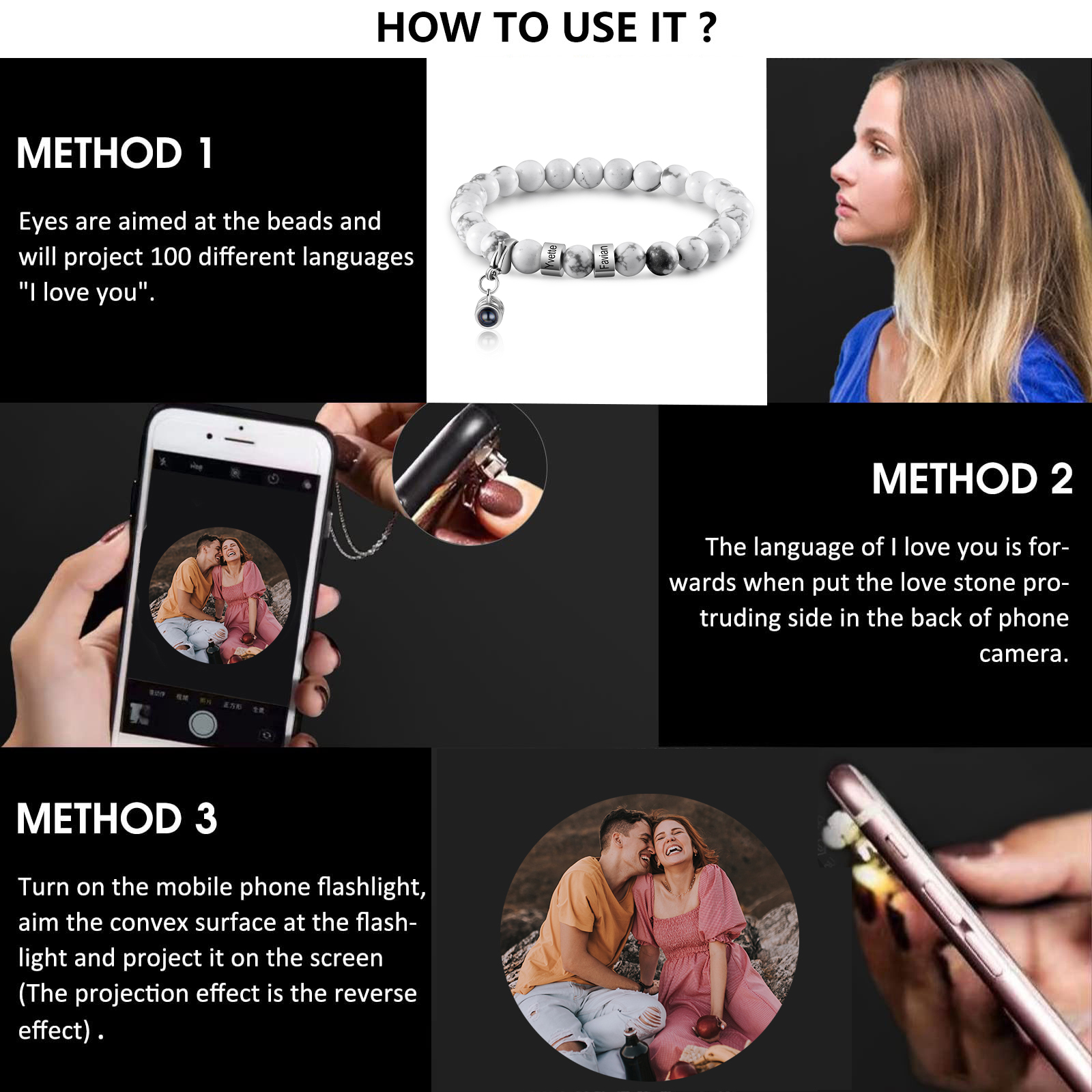 Bracelet en Magnésite 2 Prénoms Personnalisés avec Photo Bracelet Photo Projection Blanc｜ Jessemade