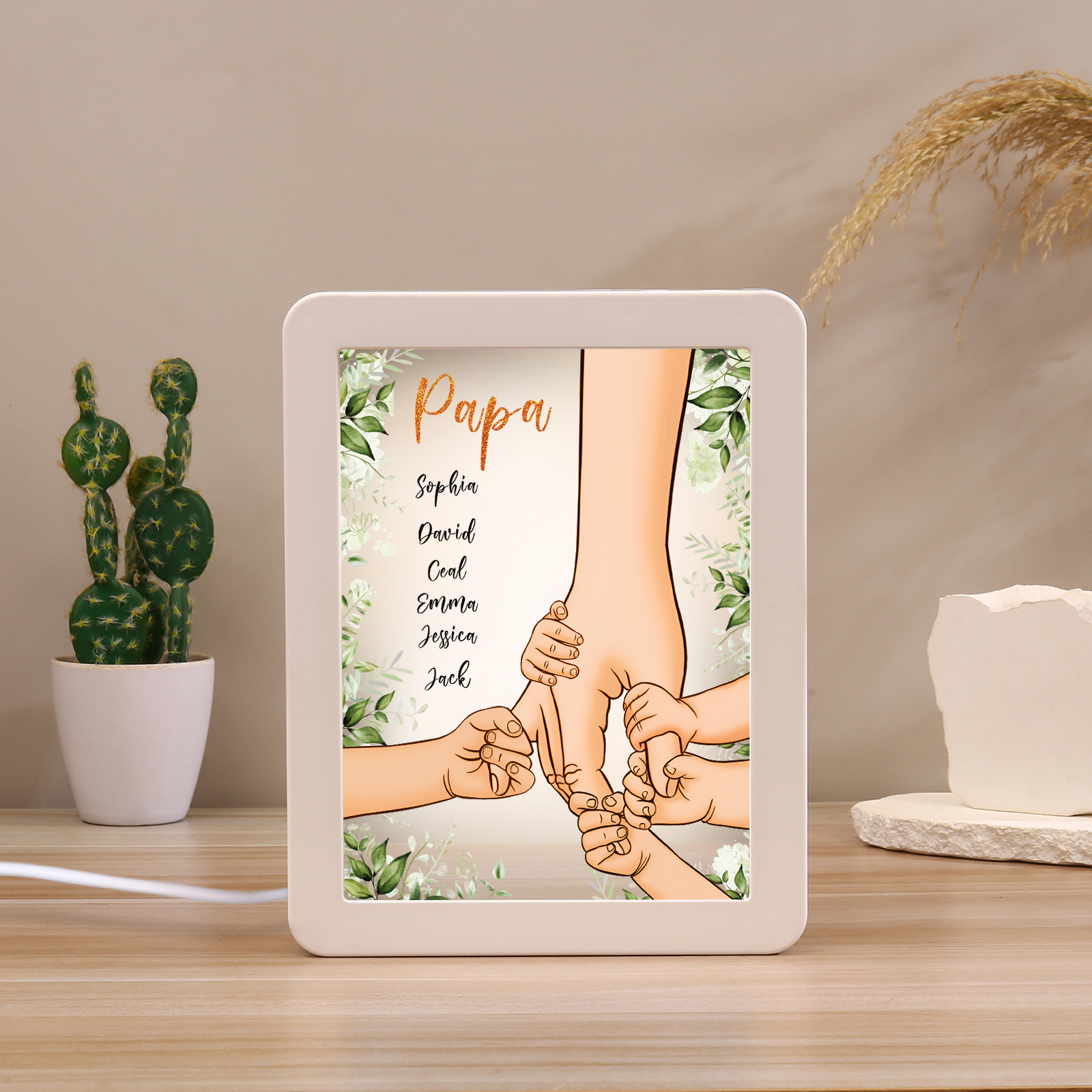 Lampe LED/Cadre Photo/Miroir multifonctionnel la main dans la main 6 Prénoms et 1 Tetxe Personnalisés Cadeau Créatif pour Famille