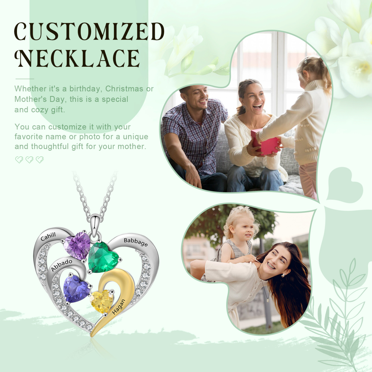 Collier Cœur 4 Prénoms et Personnalisés avec 4 Pierres de naissance