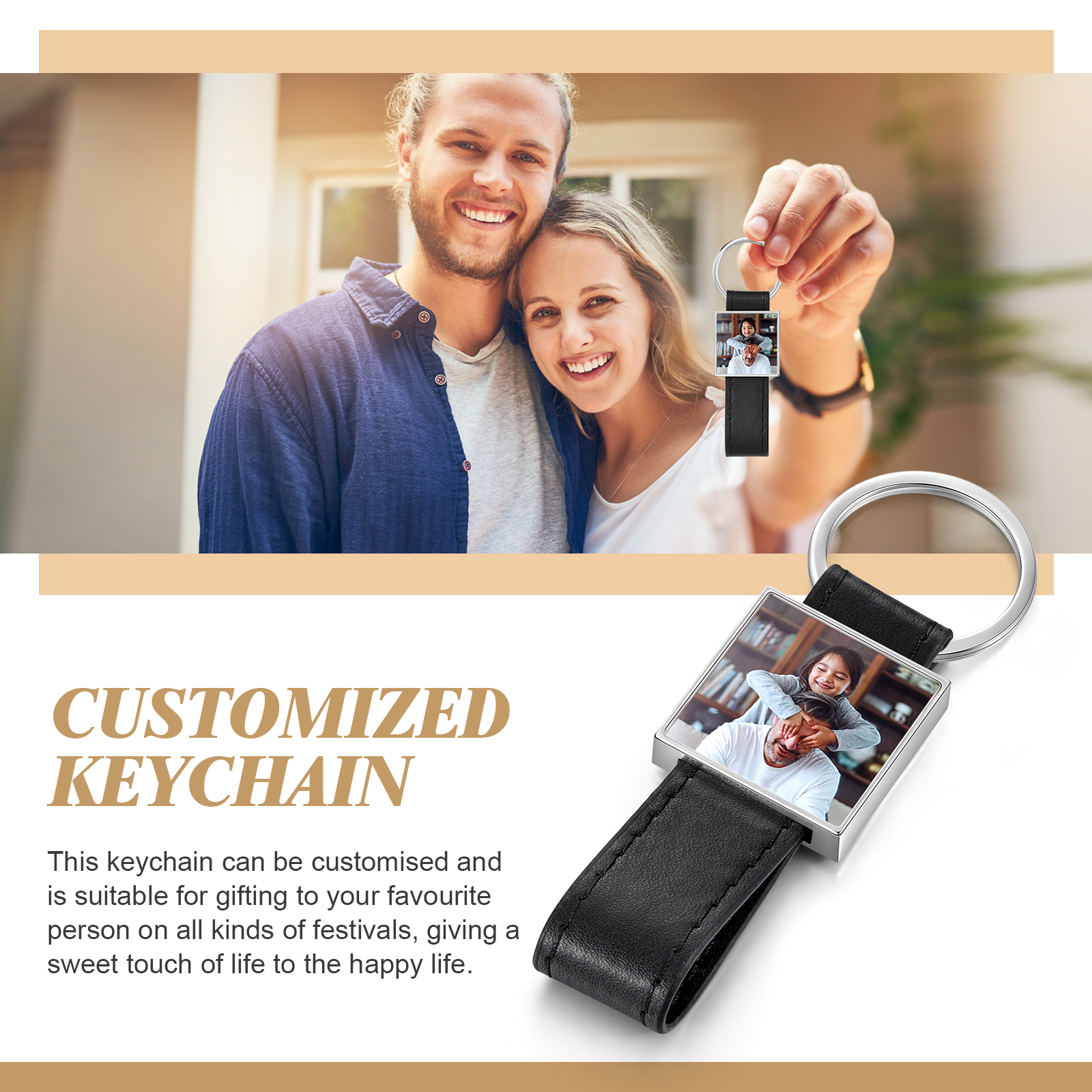 Porte-Clés Cuir PU Carré Photo Personnalisée Porte-Clés Homme