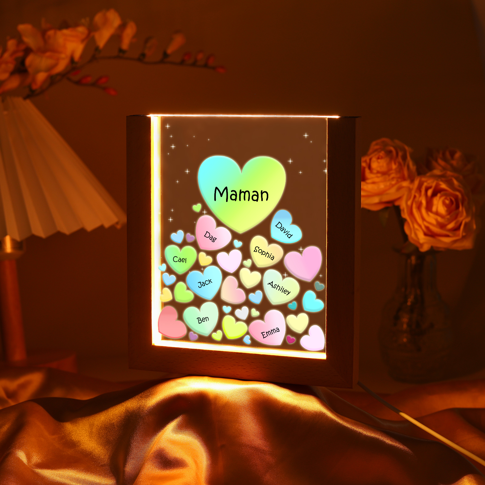 À Maman/Mamie - Lampe de chevet LED Cœurs 8 Prénoms Personnalisés avec 1 Texte