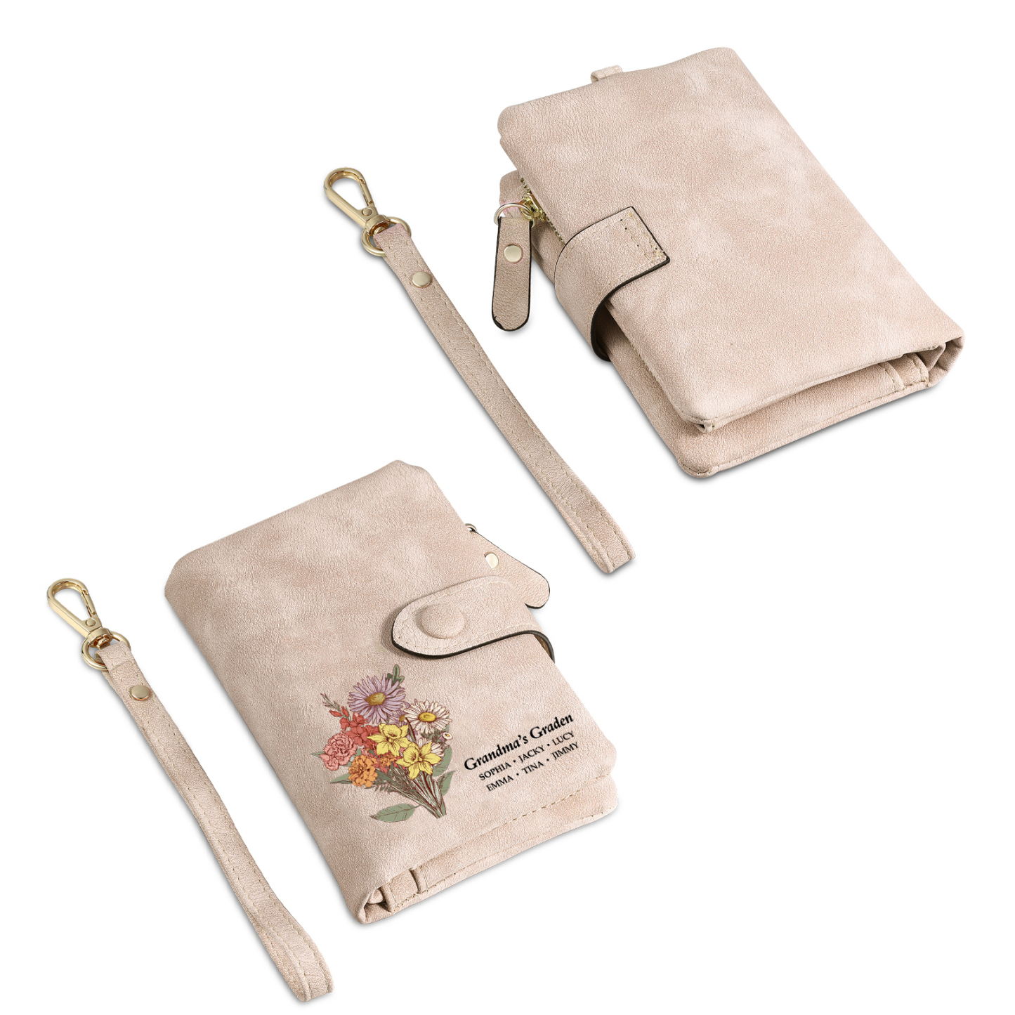 Portefeuille Fleur de naissance 1-6 Prénoms Personnalisés Porte-Monnaie Carte pour Femmes